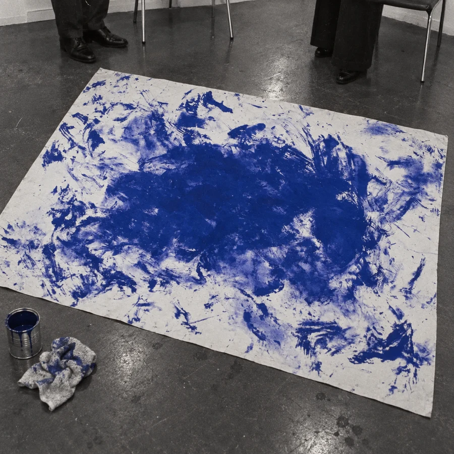 Mockup of a blue composition on a sheet spread across a gallery floor among painting materials