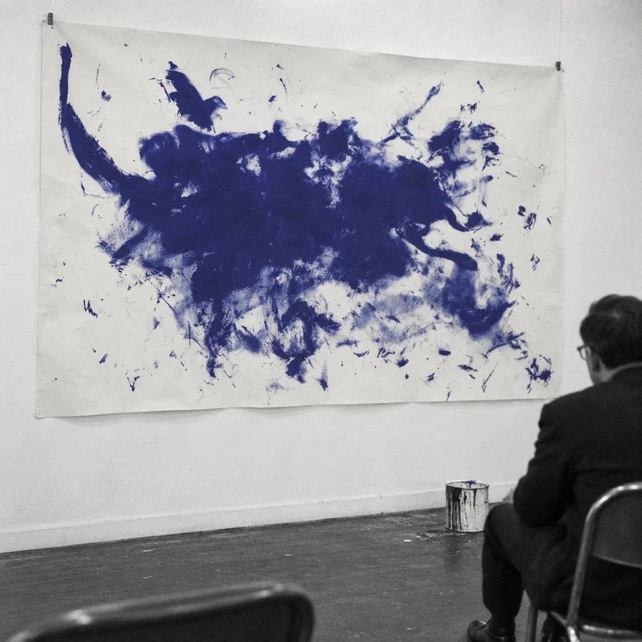 Mockup of a blue composition on a sheet clipped to a performance room wall