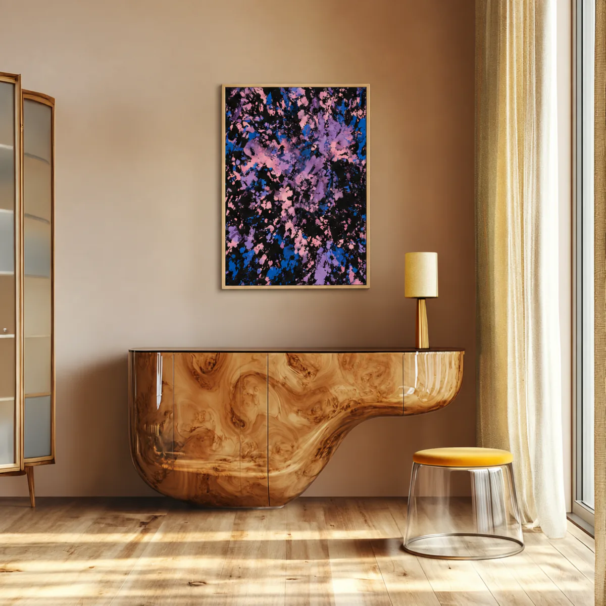 Bild im Raum — Baby Pink, Blau, Lavendel, schwarze Leinwand