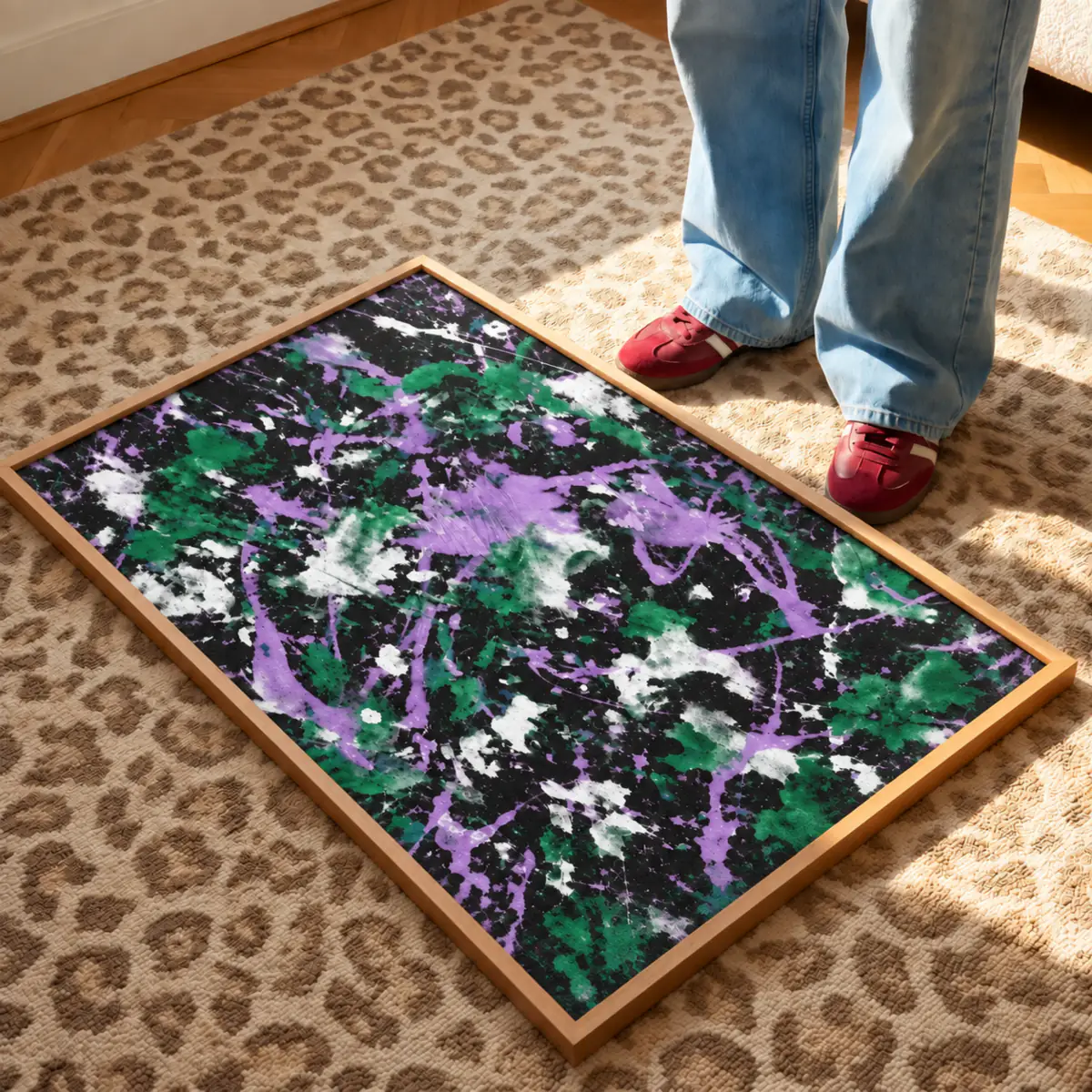 Bild im Raum — Grün, Lavendel, Weiß, schwarze Leinwand