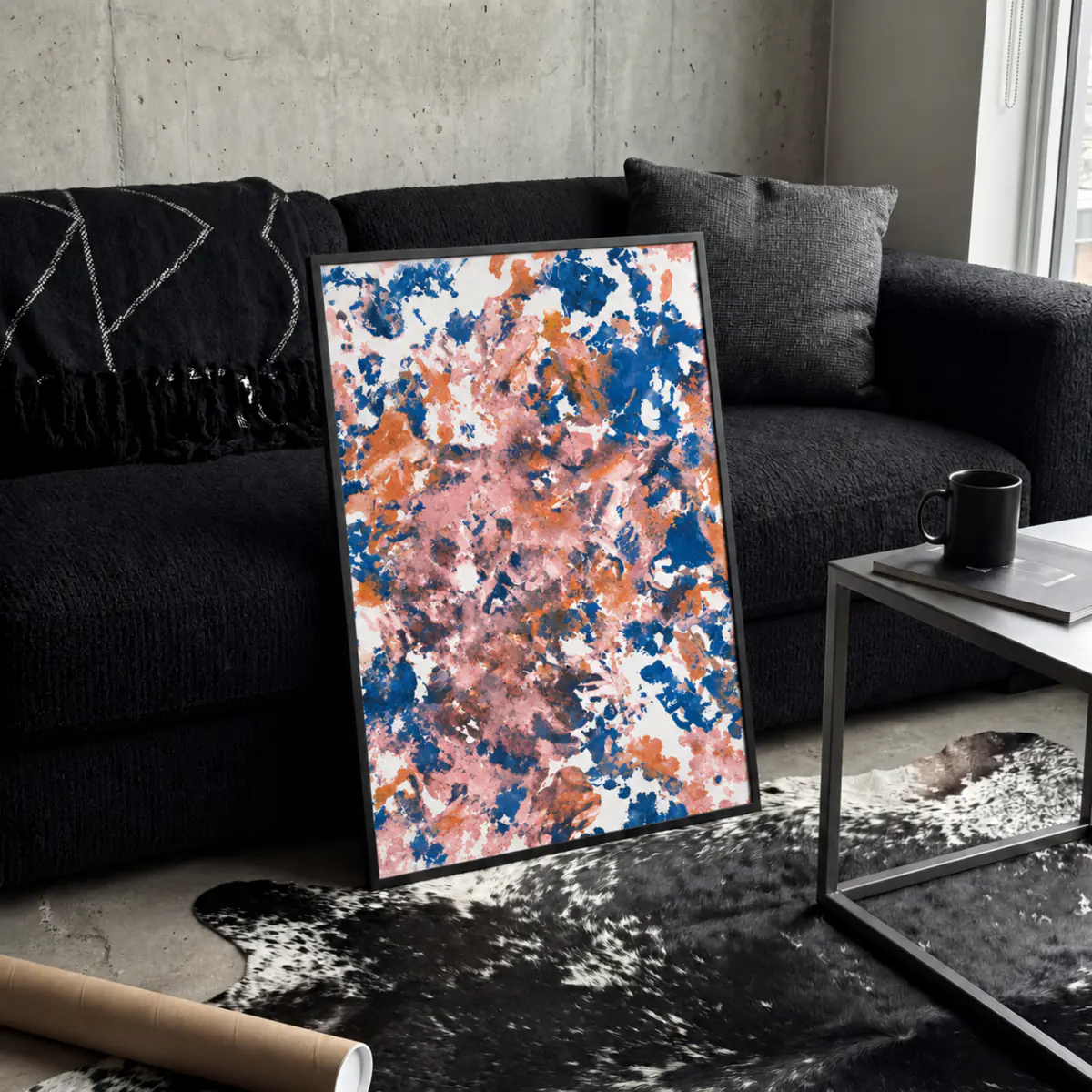 Bild im Raum — Baby Pink, Blau, Orange, weiße Leinwand