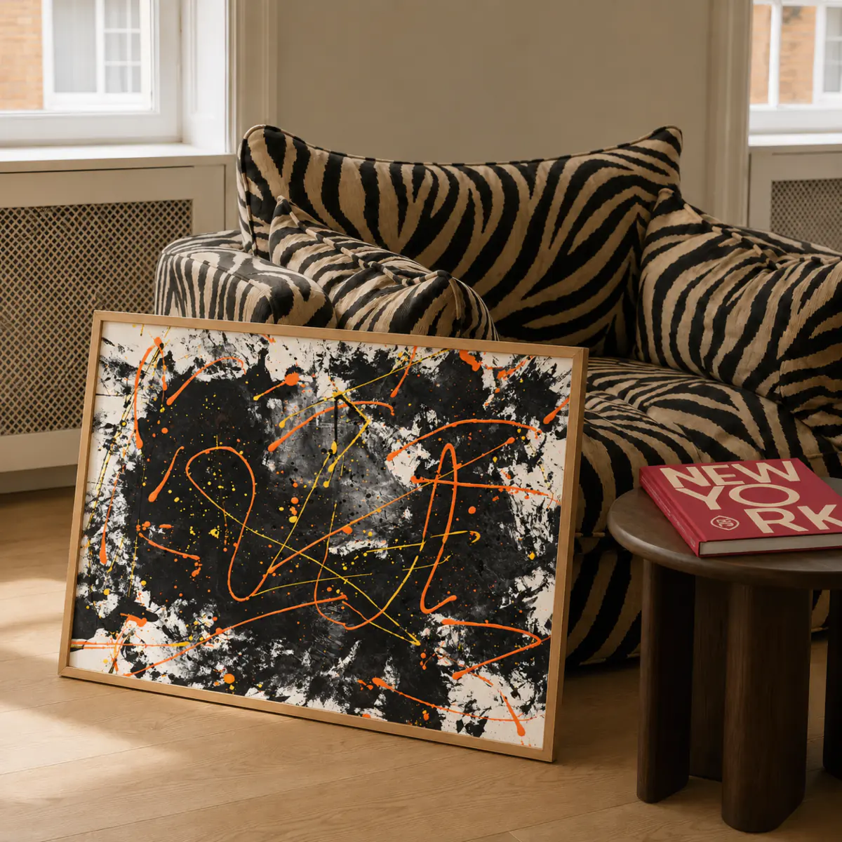 Bild im Raum — Schwarz, Orange, Gelb, weiße Leinwand