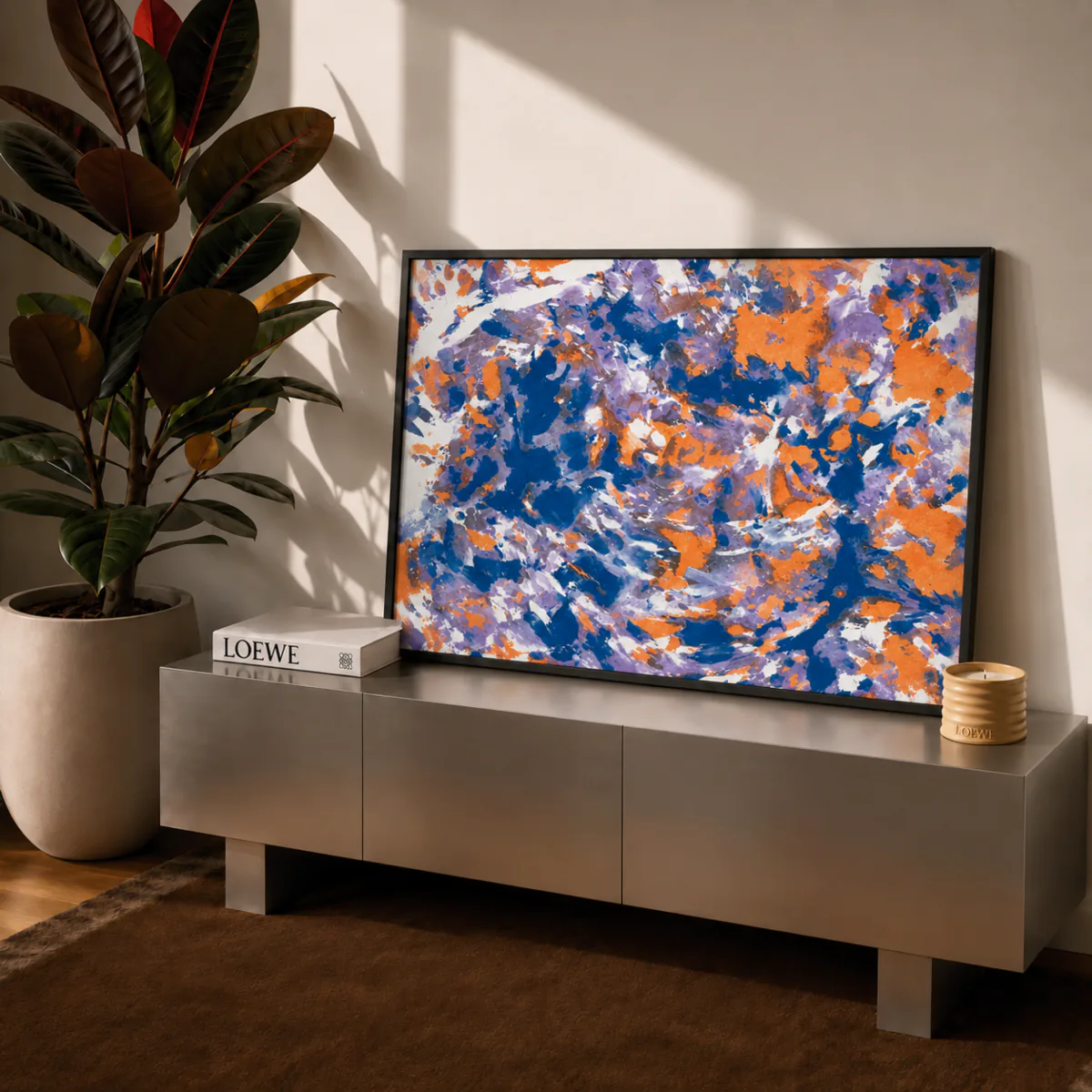 Bild im Raum — Blau, Lavendel, Orange, weiße Leinwand