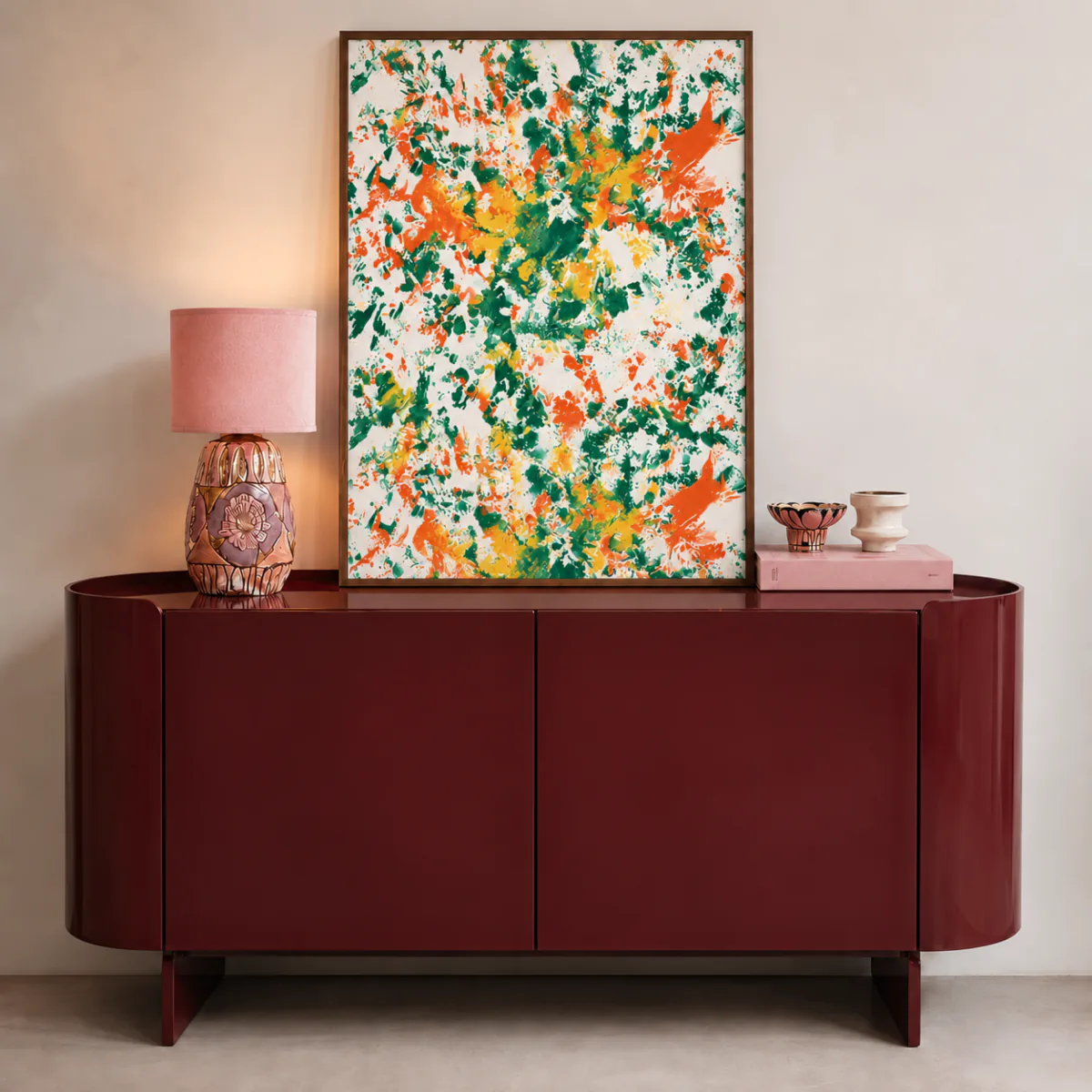 Bild im Raum — Grün, Orange, Gelb, weiße Leinwand