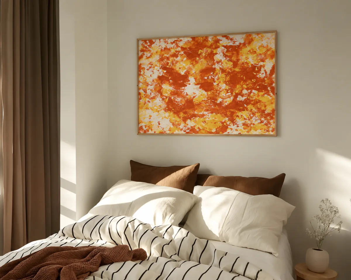 Bild im Raum — Orange, Gelb, weiße Leinwand