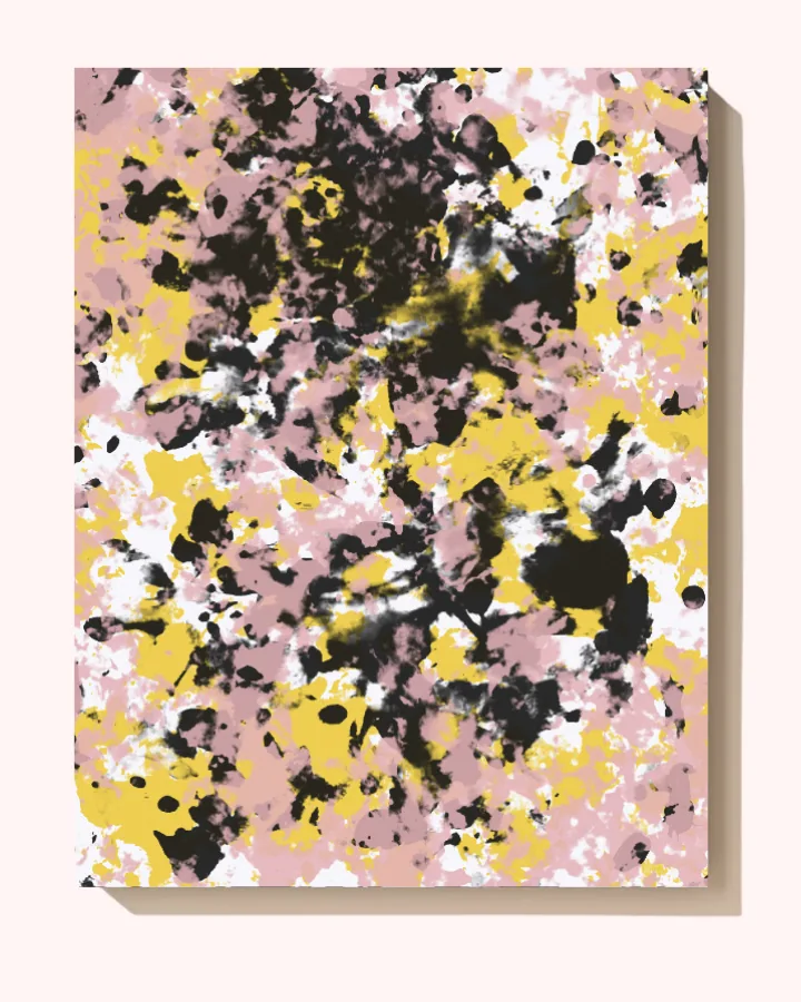 Artwork in Yellow, Black, Baby Pink on white canvas